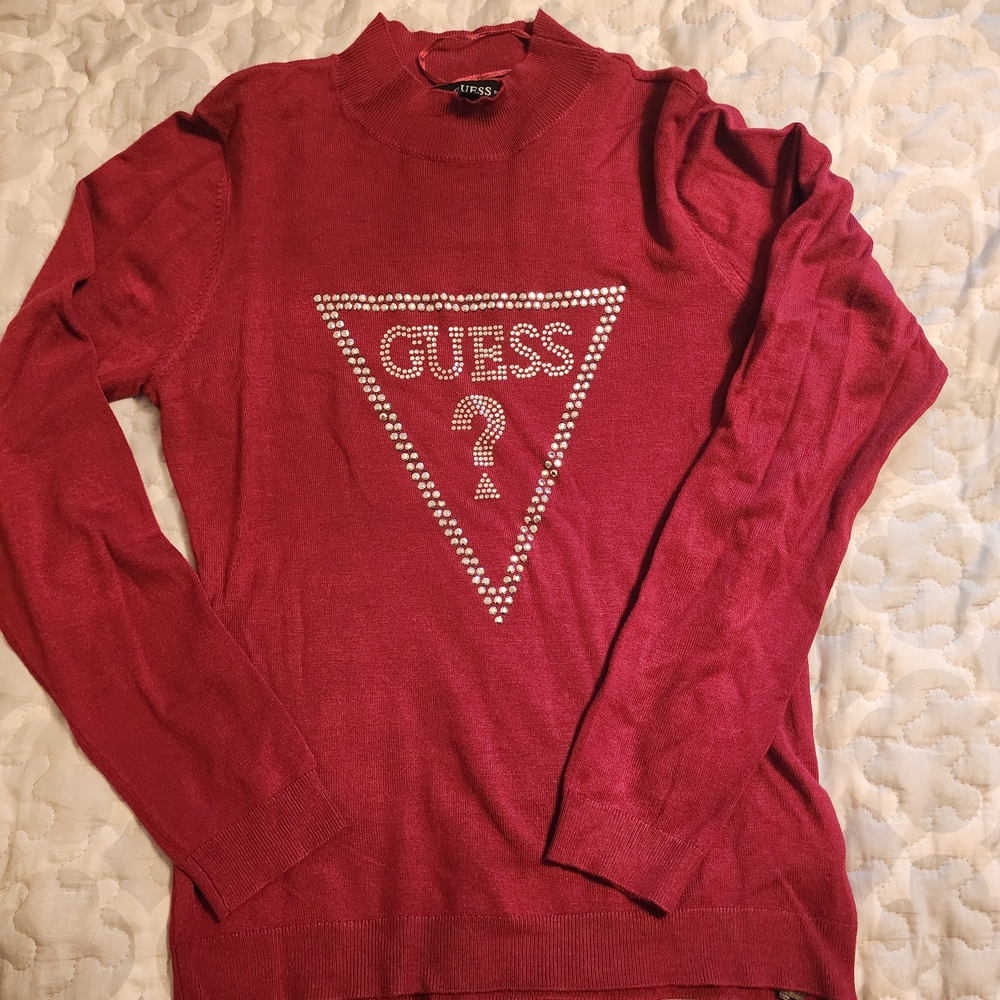 Guess Deep Red Rhinestone Embellished Sweater